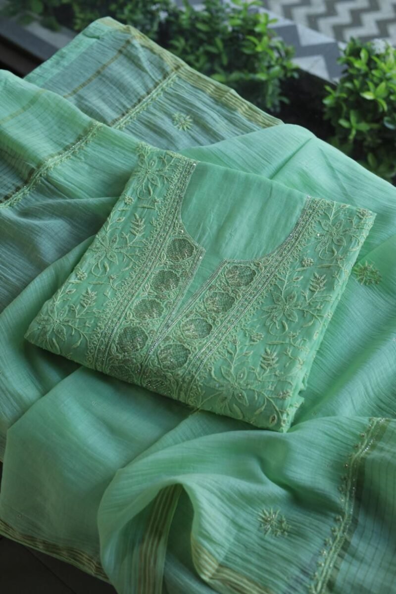 Green Mal Chanderi Silk Chikankari With Sequins Unstitched Kurta Dupatta Set