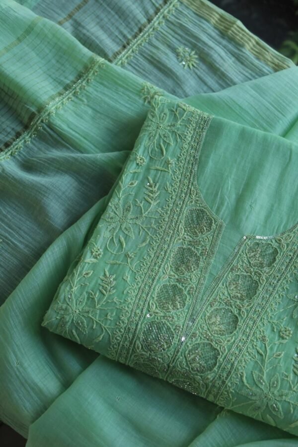 Green Mal Chanderi Silk Chikankari With Sequins Unstitched Kurta Dupatta Set - Image 4