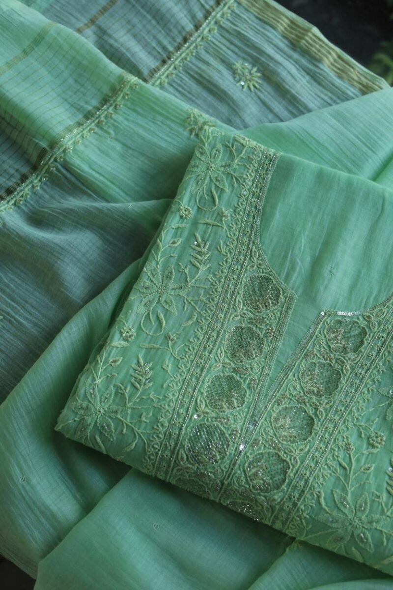 Green Mal Chanderi Silk Chikankari With Sequins Unstitched Kurta Dupatta Set