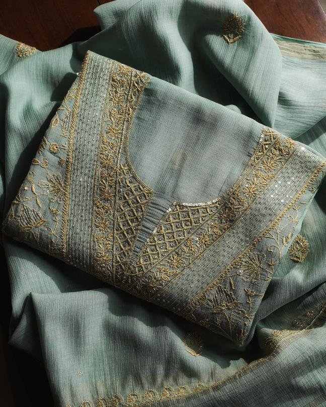 Green Mal Chanderi Silk Chikankari With Sequins Unstitched Kurta Dupatta Set