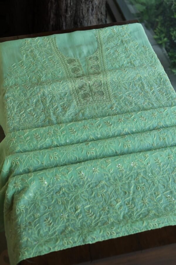 Green Mal Chanderi Silk Chikankari With Sequins Unstitched Kurta Dupatta Set - Image 5