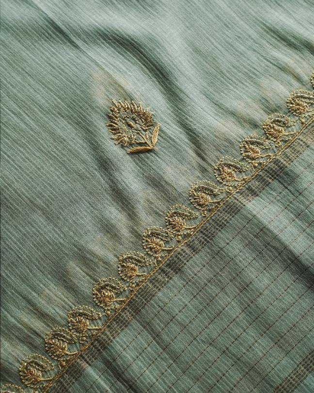 Green Mal Chanderi Silk Chikankari With Sequins Unstitched Kurta Dupatta Set