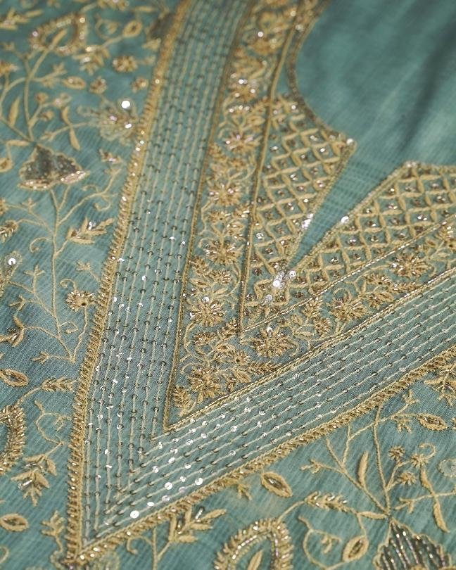 Green Mal Chanderi Silk Chikankari With Sequins Unstitched Kurta Dupatta Set