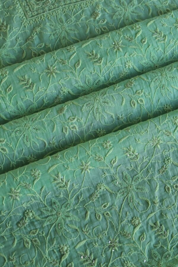Green Mal Chanderi Silk Chikankari With Sequins Unstitched Kurta Dupatta Set - Image 7
