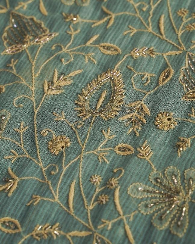 Green Mal Chanderi Silk Chikankari With Sequins Unstitched Kurta Dupatta Set
