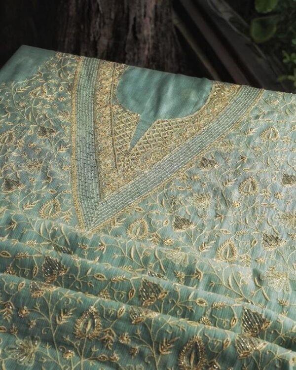 Green Mal Chanderi Silk Chikankari With Sequins Unstitched Kurta Dupatta Set - Image 7