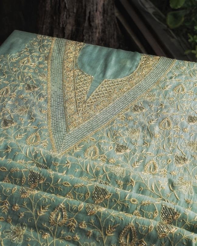Green Mal Chanderi Silk Chikankari With Sequins Unstitched Kurta Dupatta Set