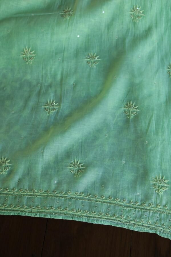 Green Mal Chanderi Silk Chikankari With Sequins Unstitched Kurta Dupatta Set - Image 9