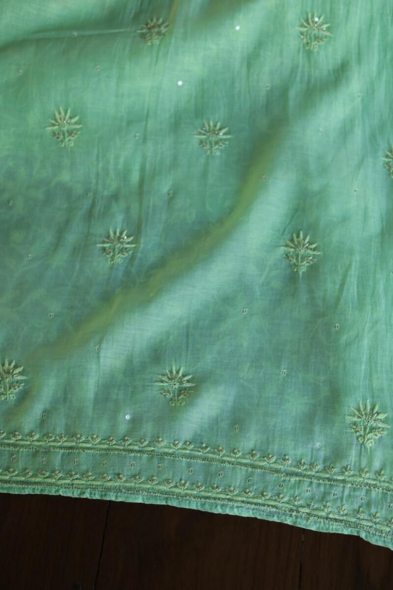 Green Mal Chanderi Silk Chikankari With Sequins Unstitched Kurta Dupatta Set