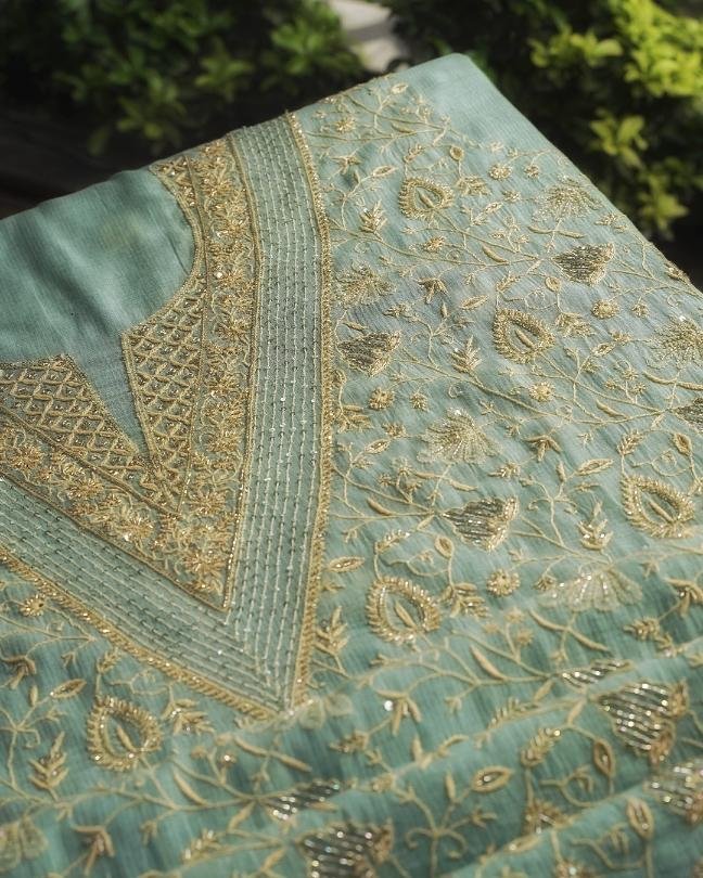 Green Mal Chanderi Silk Chikankari With Sequins Unstitched Kurta Dupatta Set