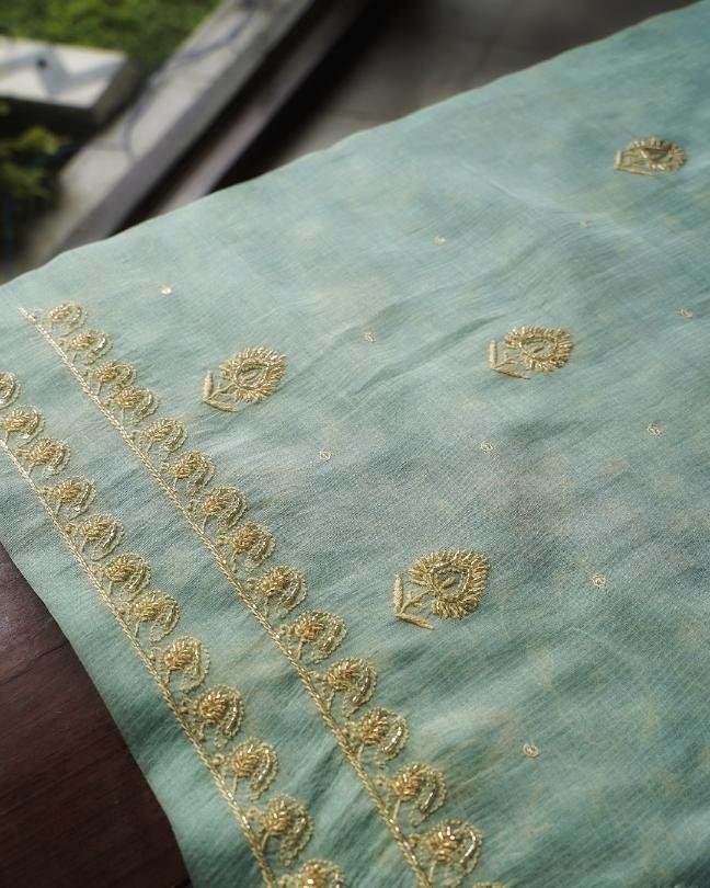 Green Mal Chanderi Silk Chikankari With Sequins Unstitched Kurta Dupatta Set