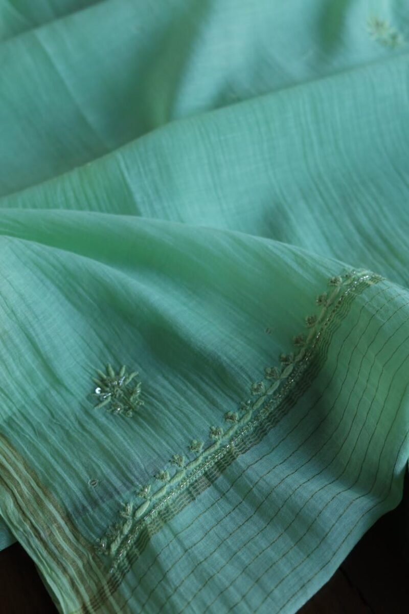 Green Mal Chanderi Silk Chikankari With Sequins Unstitched Kurta Dupatta Set