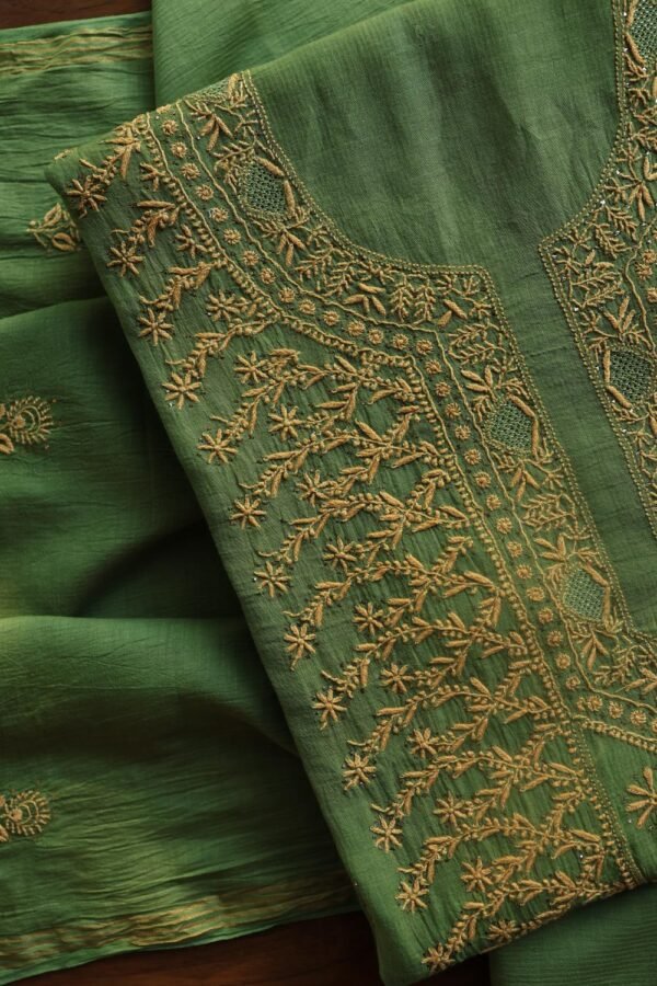 Green Mul Cotton Fine Chikankari With Kamdani Work Unstitched Fabric - Image 4