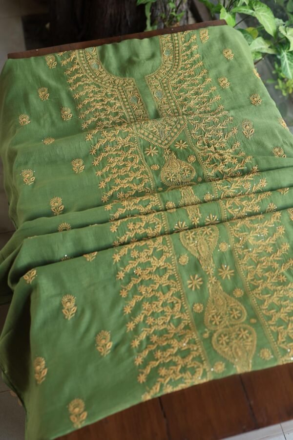 Green Mul Cotton Fine Chikankari With Kamdani Work Unstitched Fabric - Image 10