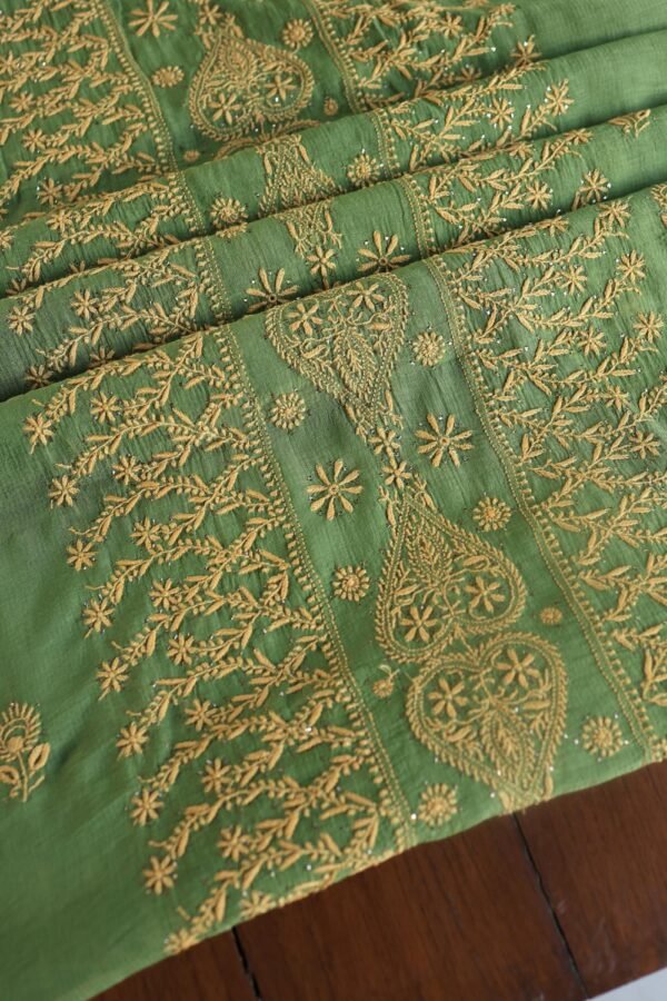 Green Mul Cotton Fine Chikankari With Kamdani Work Unstitched Fabric - Image 11