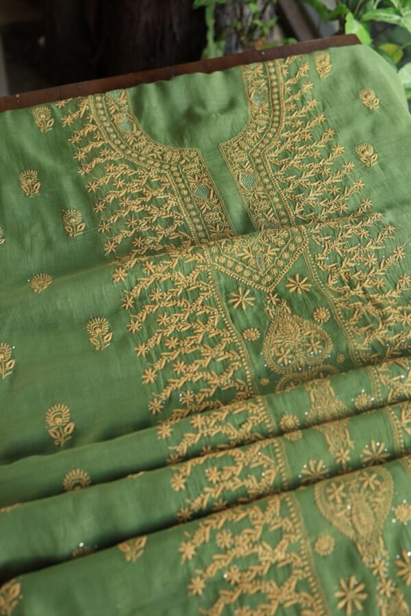 Green Mul Cotton Fine Chikankari With Kamdani Work Unstitched Fabric - Image 12