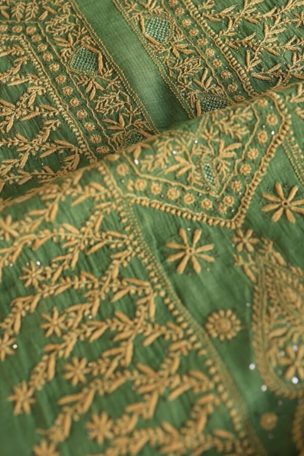 Green Mul Cotton Fine Chikankari With Kamdani Work Unstitched Fabric - Image 13