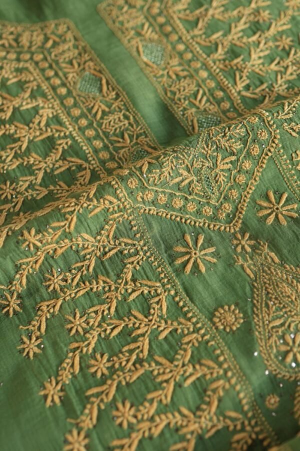 Green Mul Cotton Fine Chikankari With Kamdani Work Unstitched Fabric - Image 3