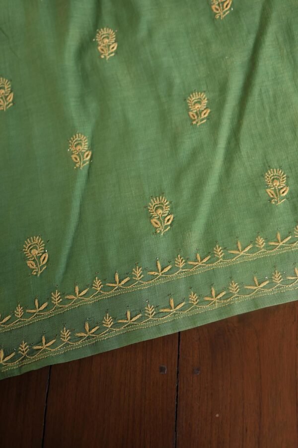 Green Mul Cotton Fine Chikankari With Kamdani Work Unstitched Fabric - Image 16