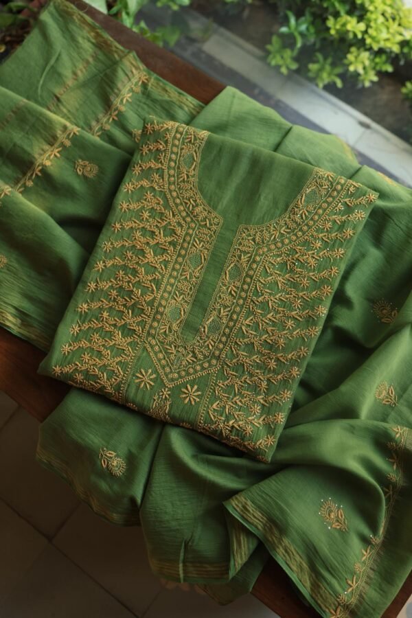 Green Mul Cotton Fine Chikankari With Kamdani Work Unstitched Fabric