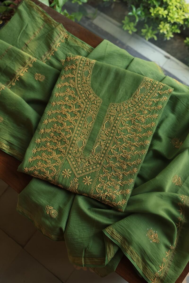Green Mul Cotton Fine Chikankari With Kamdani Work Unstitched Fabric