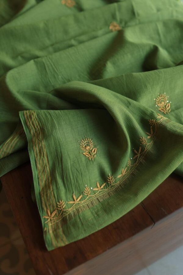 Green Mul Cotton Fine Chikankari With Kamdani Work Unstitched Fabric - Image 14