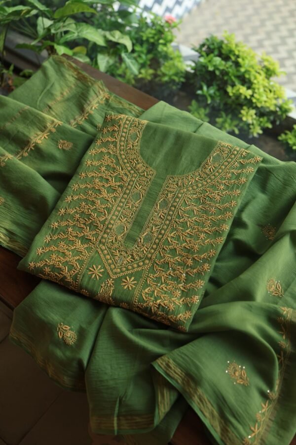 Green Mul Cotton Fine Chikankari With Kamdani Work Unstitched Fabric - Image 6