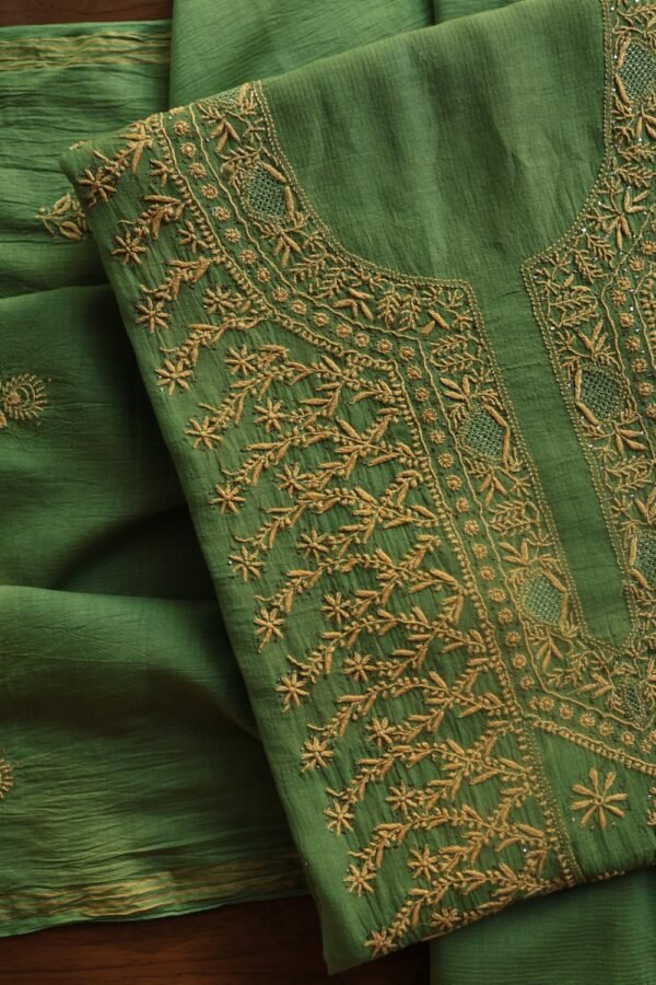 Green Mul Cotton Fine Chikankari With Kamdani Work Unstitched Fabric - Image 7