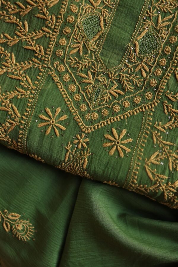 Green Mul Cotton Fine Chikankari With Kamdani Work Unstitched Fabric - Image 2