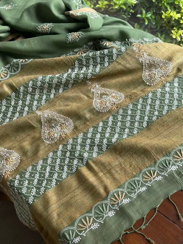Green Silk Gheecha Palla Kota Chikankari Saree