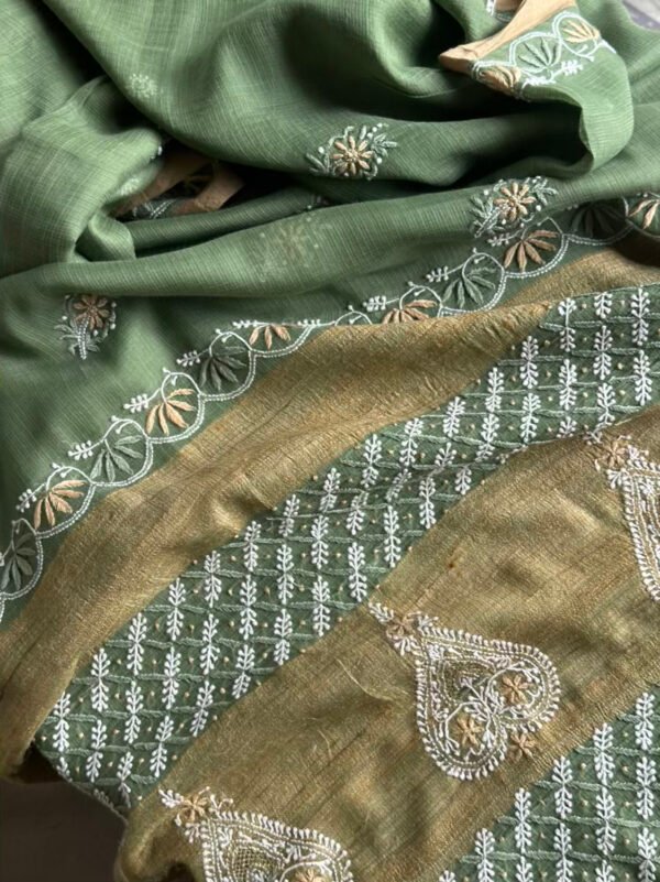 Green Silk Gheecha Palla Kota Chikankari Saree - Image 4