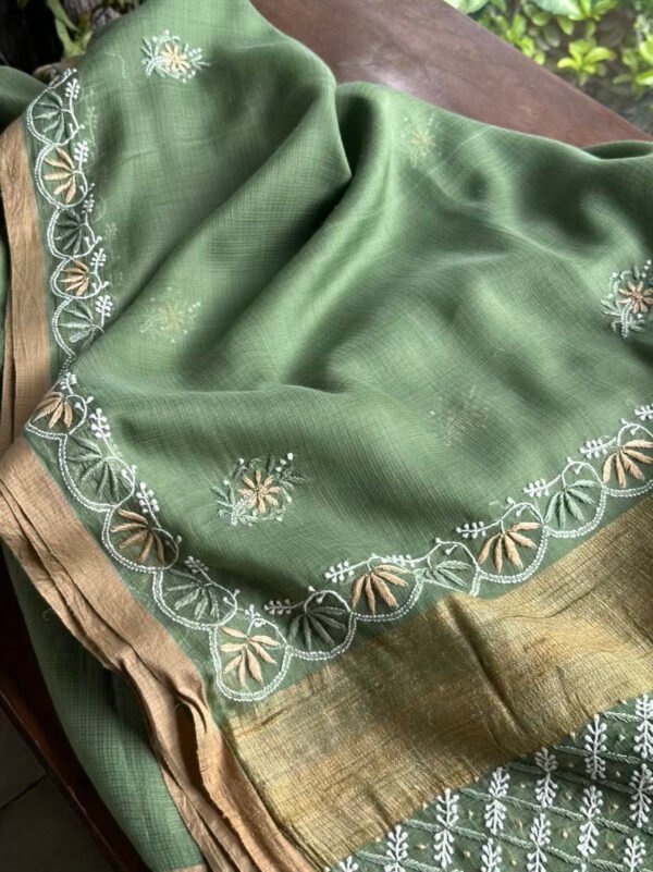 Green Silk Gheecha Palla Kota Chikankari Saree - Image 5