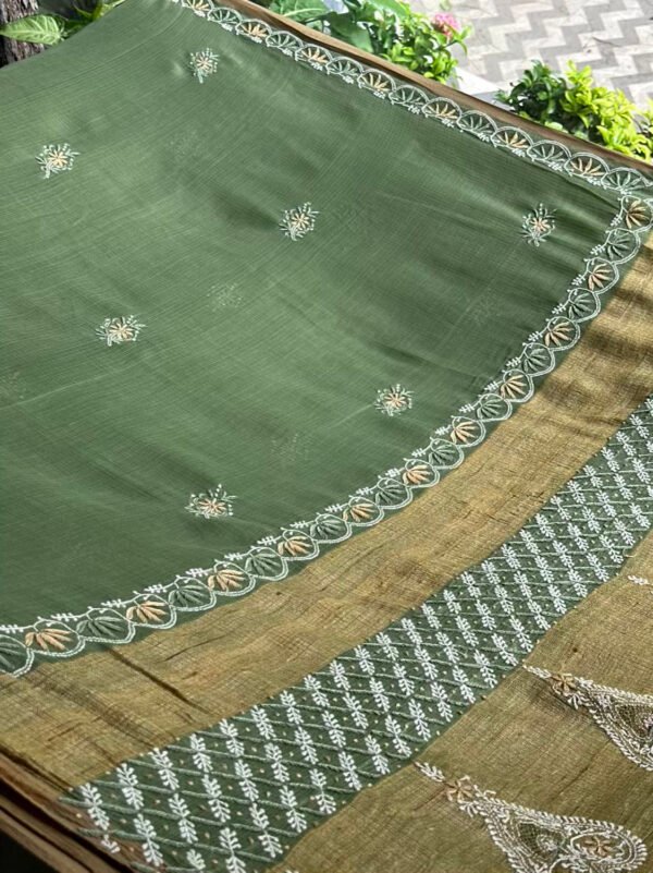 Green Silk Gheecha Palla Kota Chikankari Saree - Image 7