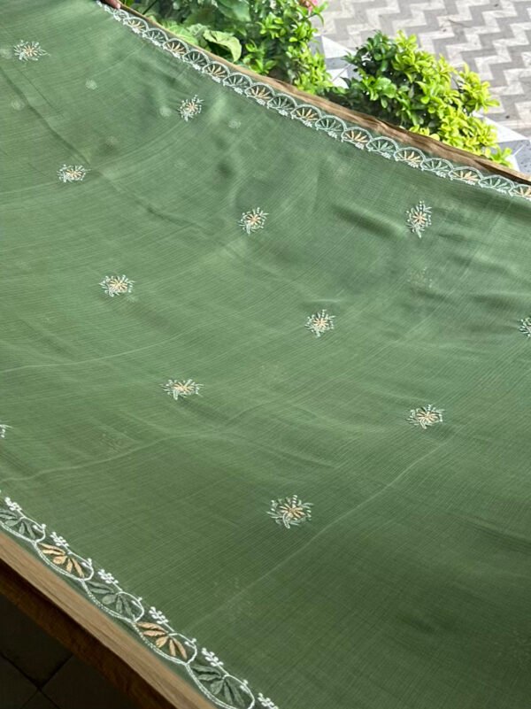 Green Silk Gheecha Palla Kota Chikankari Saree - Image 8