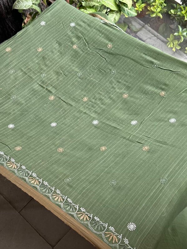Green Silk Gheecha Palla Kota Chikankari Saree - Image 9