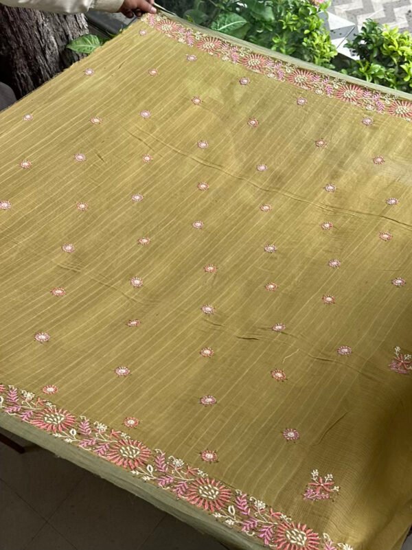 Green Silk Gheecha Palla Kota Chikankari Saree With Mukaish Kamdani - Image 11