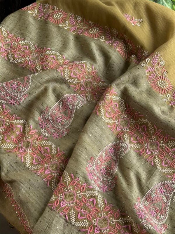 Green Silk Gheecha Palla Kota Chikankari Saree With Mukaish Kamdani - Image 4