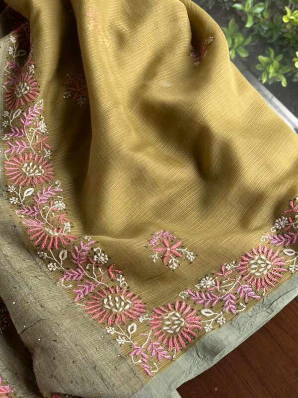 Green Silk Gheecha Palla Kota Chikankari Saree With Mukaish Kamdani - Image 6