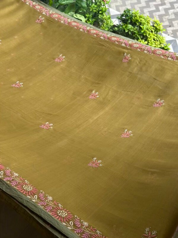 Green Silk Gheecha Palla Kota Chikankari Saree With Mukaish Kamdani - Image 10