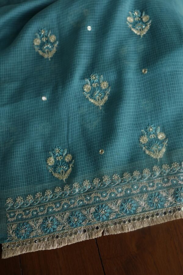 Green Handloom Kota Chikankari With Mirror Work Unstitched Kurta Dupatta Set - Image 14