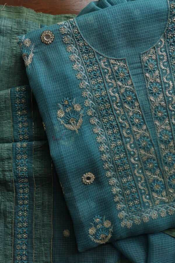 Green Handloom Kota Chikankari With Mirror Work Unstitched Kurta Dupatta Set - Image 4