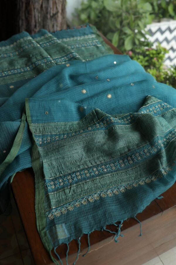 Green Handloom Kota Chikankari With Mirror Work Unstitched Kurta Dupatta Set - Image 5
