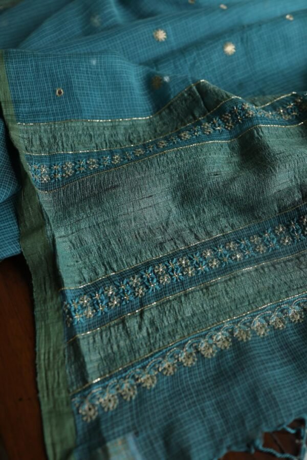 Green Handloom Kota Chikankari With Mirror Work Unstitched Kurta Dupatta Set - Image 6