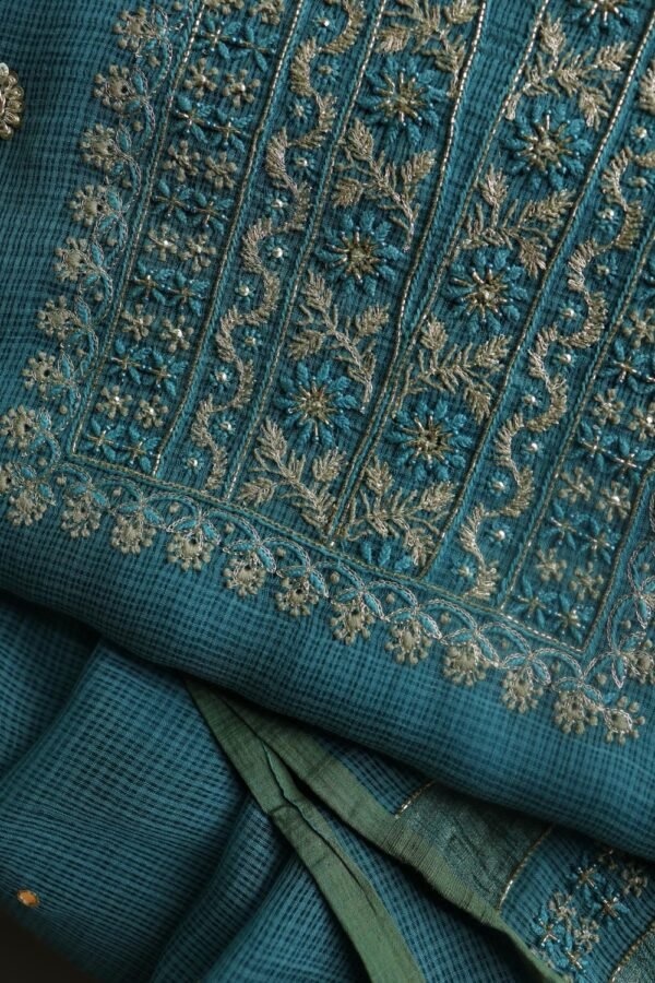 Green Handloom Kota Chikankari With Mirror Work Unstitched Kurta Dupatta Set - Image 8
