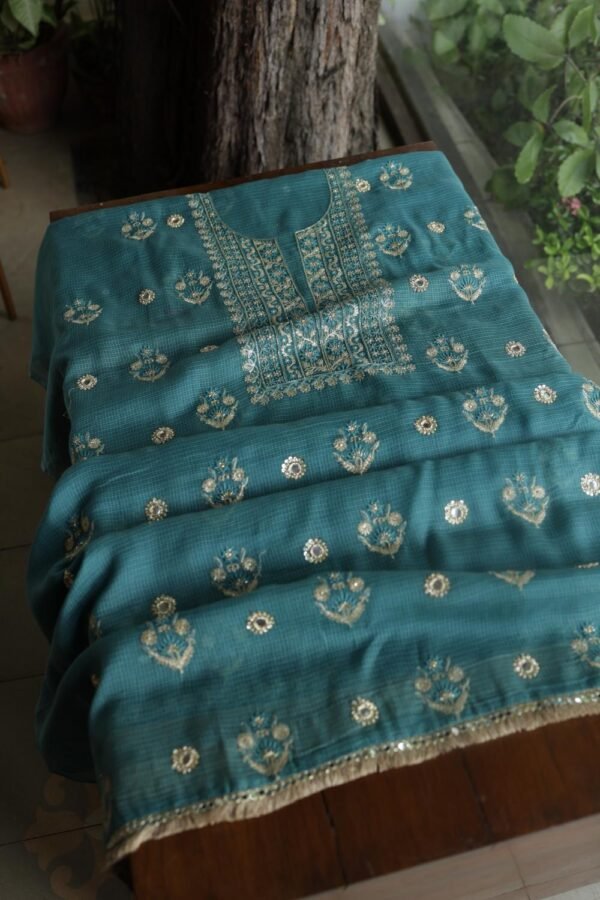 Green Handloom Kota Chikankari With Mirror Work Unstitched Kurta Dupatta Set - Image 10