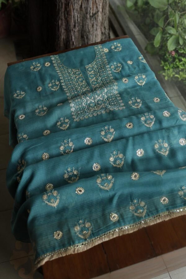 Green Handloom Kota Chikankari With Mirror Work Unstitched Kurta Dupatta Set - Image 11
