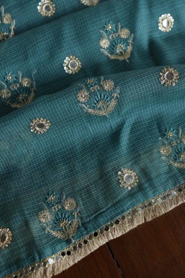 Green Handloom Kota Chikankari With Mirror Work Unstitched Kurta Dupatta Set - Image 12
