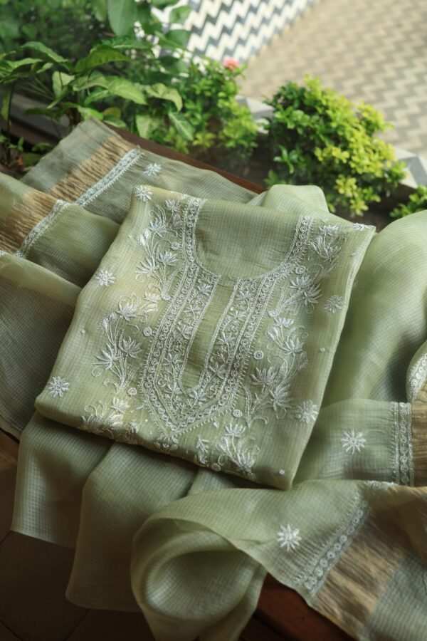 Green Silk Kota Chikankari Unstitched Kurta Dupatta Set - Image 3