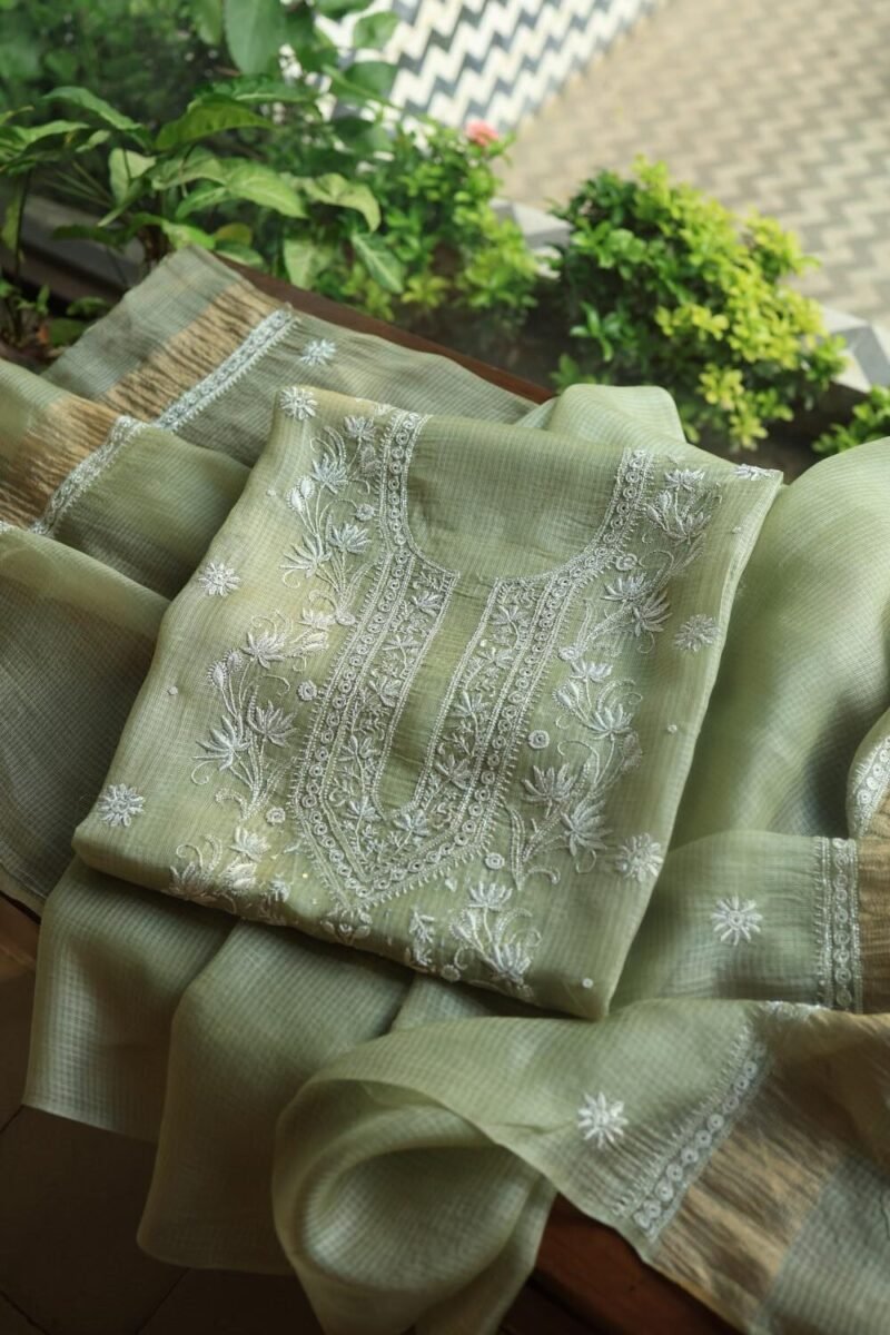 Green Silk Kota Chikankari Unstitched Kurta Dupatta Set
