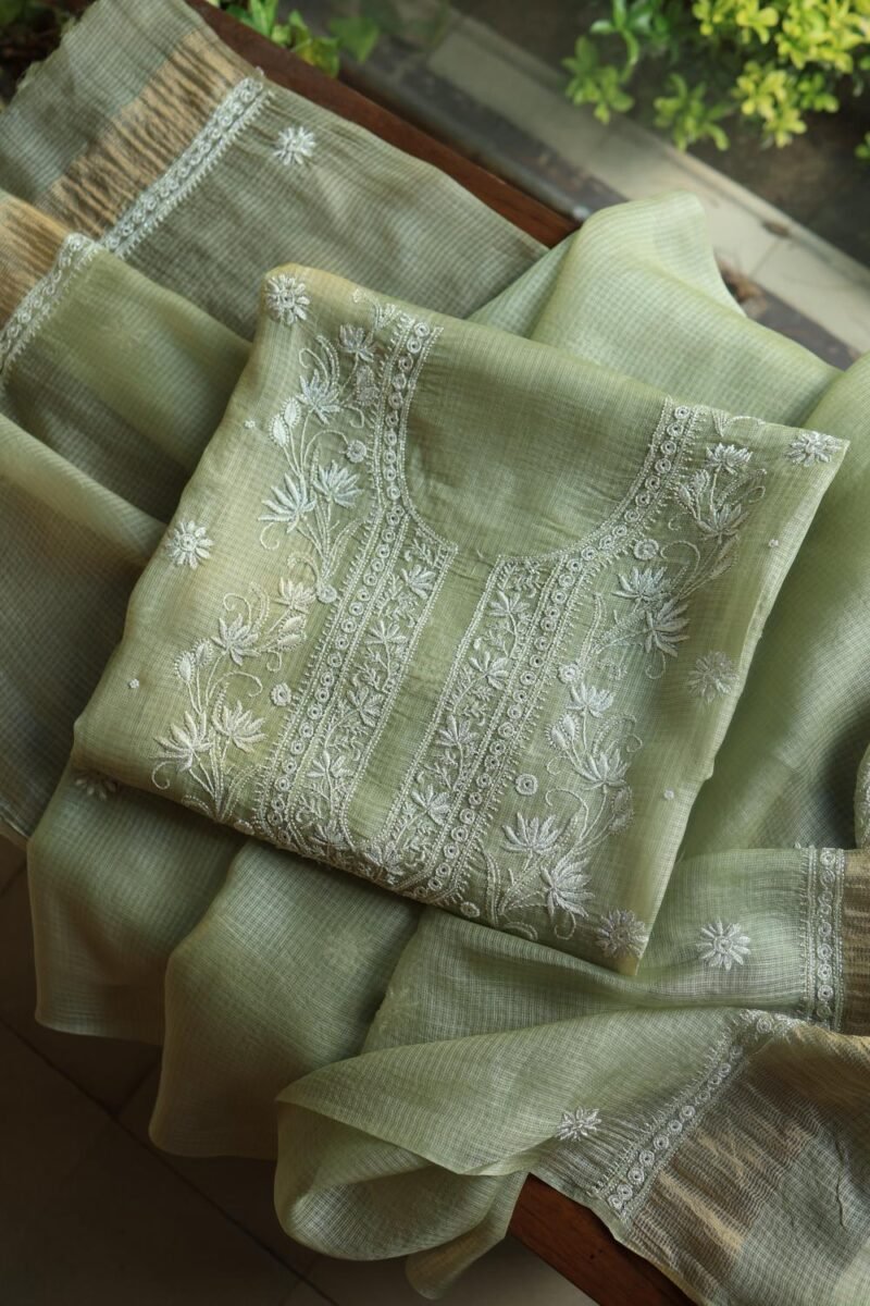 Green Silk Kota Chikankari Unstitched Kurta Dupatta Set